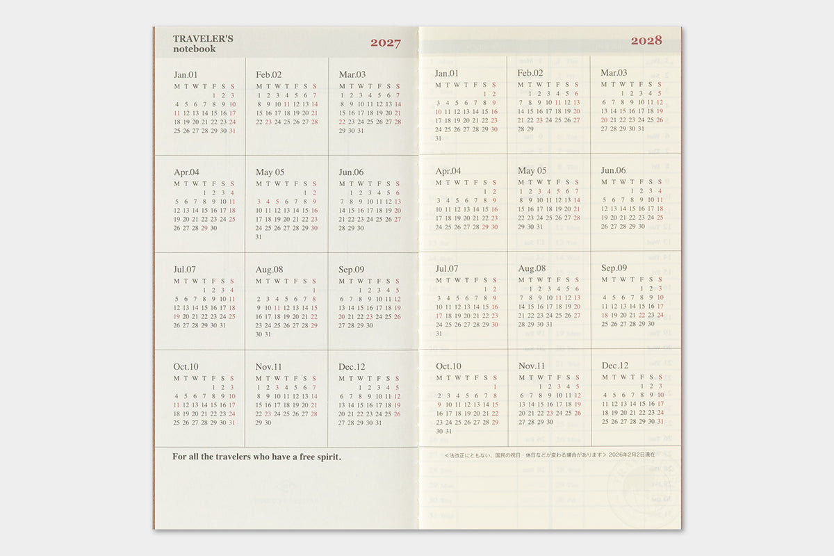 TRAVELER'S notebook 2027 Weekly + Memo Diary (Regular Size)
Welcome the upcoming year in high spirits with TRAVELER'S notebook 2027 Diary lineup where each notebook becomes unique by adding your personal flare!