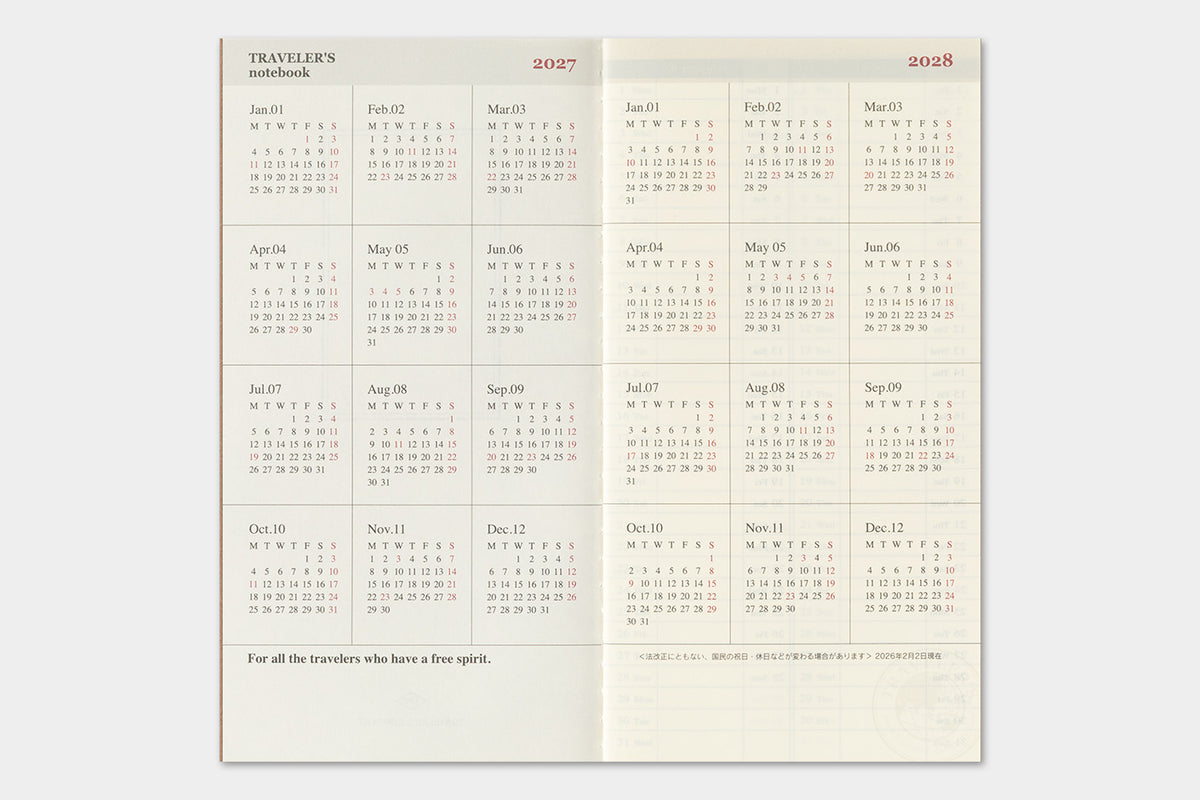 TRAVELER'S notebook 2027 Weekly Vertical Diary (Regular Size)
Welcome the upcoming year in high spirits with TRAVELER'S notebook 2027 Diary lineup where each notebook becomes unique by adding your personal flare!