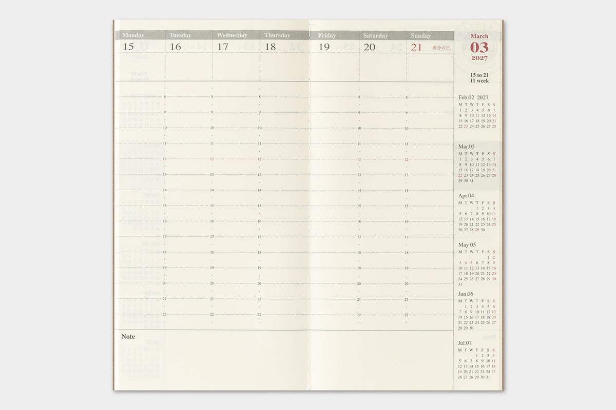 TRAVELER'S notebook 2027 Weekly Vertical Diary (Regular Size)
Welcome the upcoming year in high spirits with TRAVELER'S notebook 2027 Diary lineup where each notebook becomes unique by adding your personal flare!