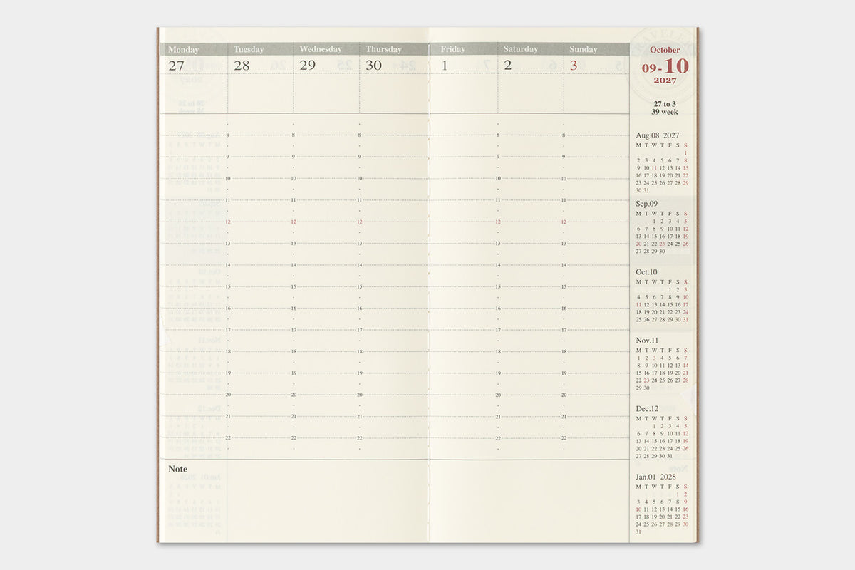 TRAVELER'S notebook 2027 Weekly Vertical Diary (Regular Size)
Welcome the upcoming year in high spirits with TRAVELER'S notebook 2027 Diary lineup where each notebook becomes unique by adding your personal flare!