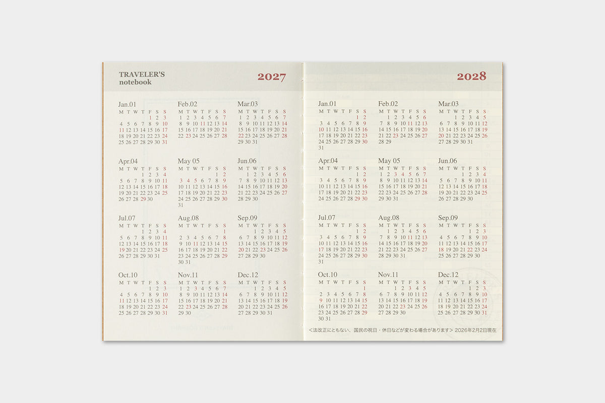 TRAVELER'S notebook 2027 Monthly Diary (Passport Size)
Welcome the upcoming year in high spirits with TRAVELER'S notebook 2027 Diary lineup where each notebook becomes unique by adding your personal flare!