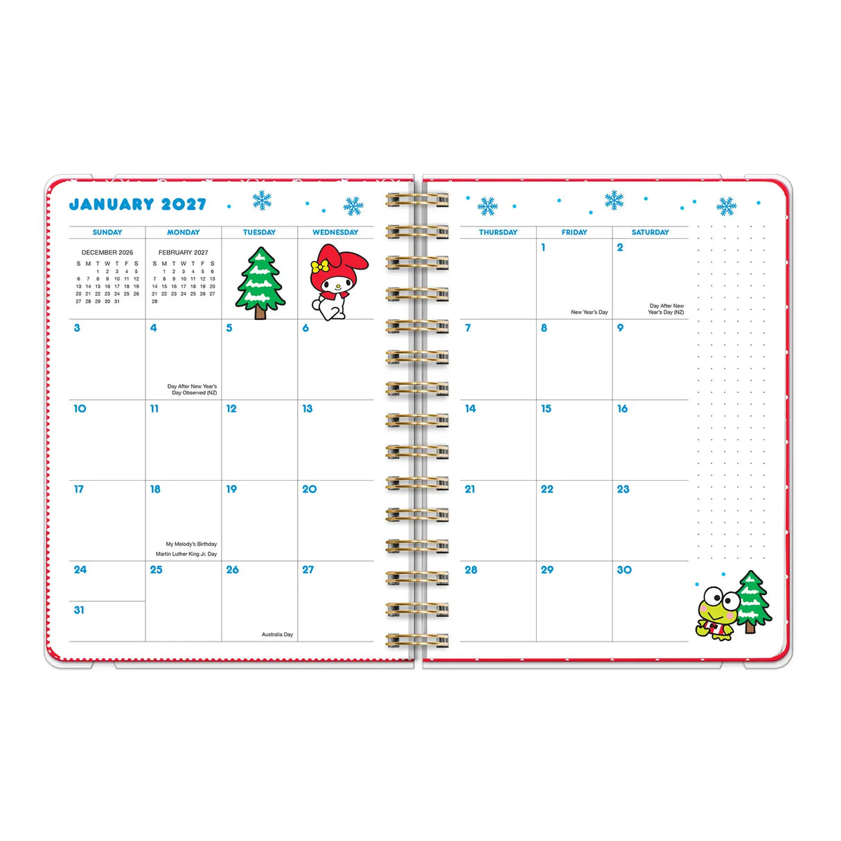 Petite in size but big on Sanrio® charm, this 17-month planner (Aug. 2026–Dec. 2027) offers monthly and weekly views with plenty of space to capture plans and important dates. Full-color artwork, extra notes pages, and a secure elastic band closure make this a must-have all-in-one organizing tool!
• 7.5"w × 8.5"h
• 17 months (Aug. 2026–Dec. 2027)
• 160 pages; 100 gsm acid-free FSC®-certified paper
• Softcover; Twin-ring wire-o binding
© 2026 SANRIO CO., LTD. Used Under License.
