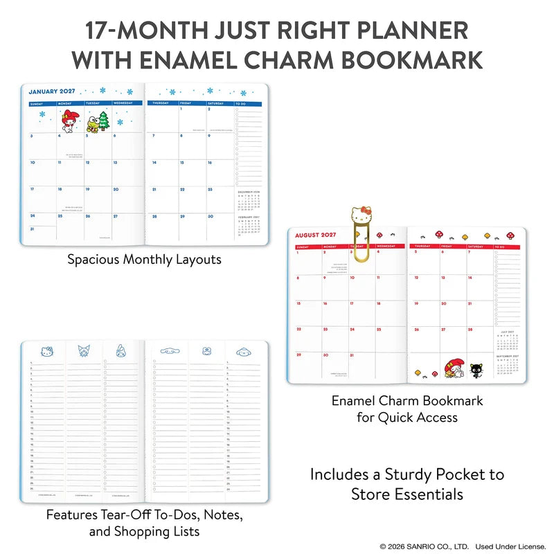 2027 Hello Kitty® and Friends Retro Just Right Monthly Planner
Plan your year alongside Hello Kitty and Friends with the slim Just Right Monthly Planner (Aug. 2026–Dec. 2027). Inside, you’ll find monthly planning pages, full-color illustrations, tear-out shopping and to-do lists, and a convenient interior pocket. Plus, it comes with a brass-and-enamel Hello Kitty bookmark for extra cuteness and easy organization!
• 7.5"w × 9.75"h
• 17 months (Aug. 2026–Dec. 2027)
• 48 pages; 120 gsm acid-free FSC®-certifi
