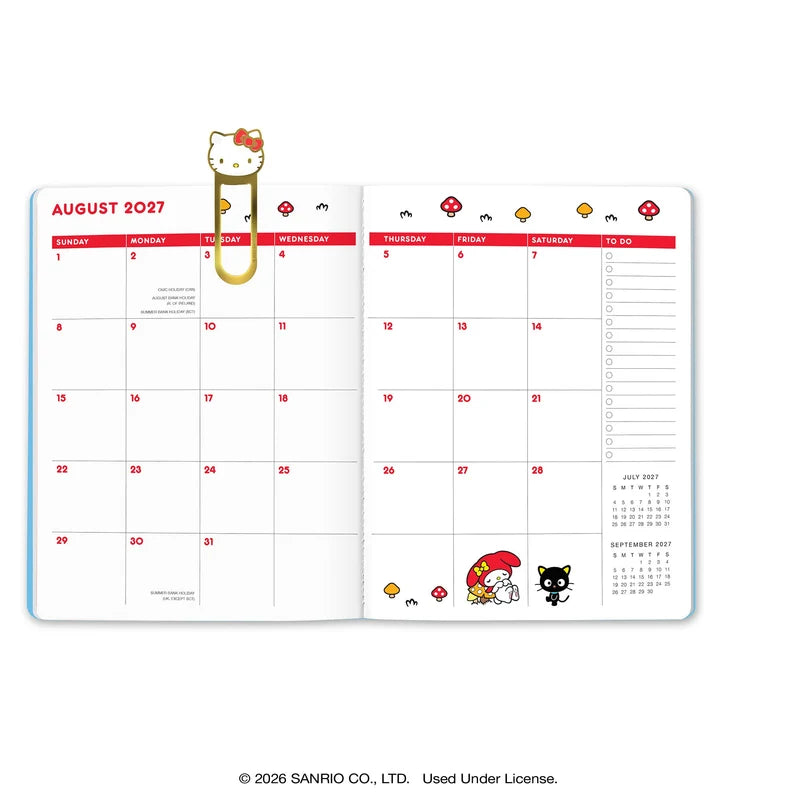 2027 Hello Kitty® and Friends Retro Just Right Monthly Planner
Plan your year alongside Hello Kitty and Friends with the slim Just Right Monthly Planner (Aug. 2026–Dec. 2027). Inside, you’ll find monthly planning pages, full-color illustrations, tear-out shopping and to-do lists, and a convenient interior pocket. Plus, it comes with a brass-and-enamel Hello Kitty bookmark for extra cuteness and easy organization!
• 7.5"w × 9.75"h
• 17 months (Aug. 2026–Dec. 2027)
• 48 pages; 120 gsm acid-free FSC®-certifi