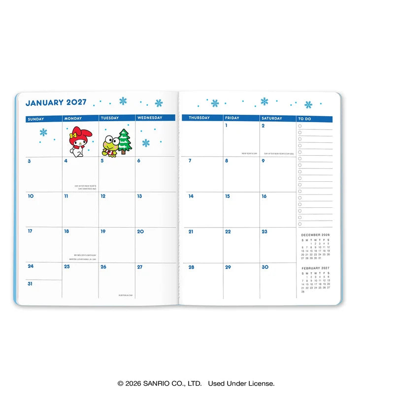2027 Hello Kitty® and Friends Retro Just Right Monthly Planner
Plan your year alongside Hello Kitty and Friends with the slim Just Right Monthly Planner (Aug. 2026–Dec. 2027). Inside, you’ll find monthly planning pages, full-color illustrations, tear-out shopping and to-do lists, and a convenient interior pocket. Plus, it comes with a brass-and-enamel Hello Kitty bookmark for extra cuteness and easy organization!
• 7.5"w × 9.75"h
• 17 months (Aug. 2026–Dec. 2027)
• 48 pages; 120 gsm acid-free FSC®-certifi