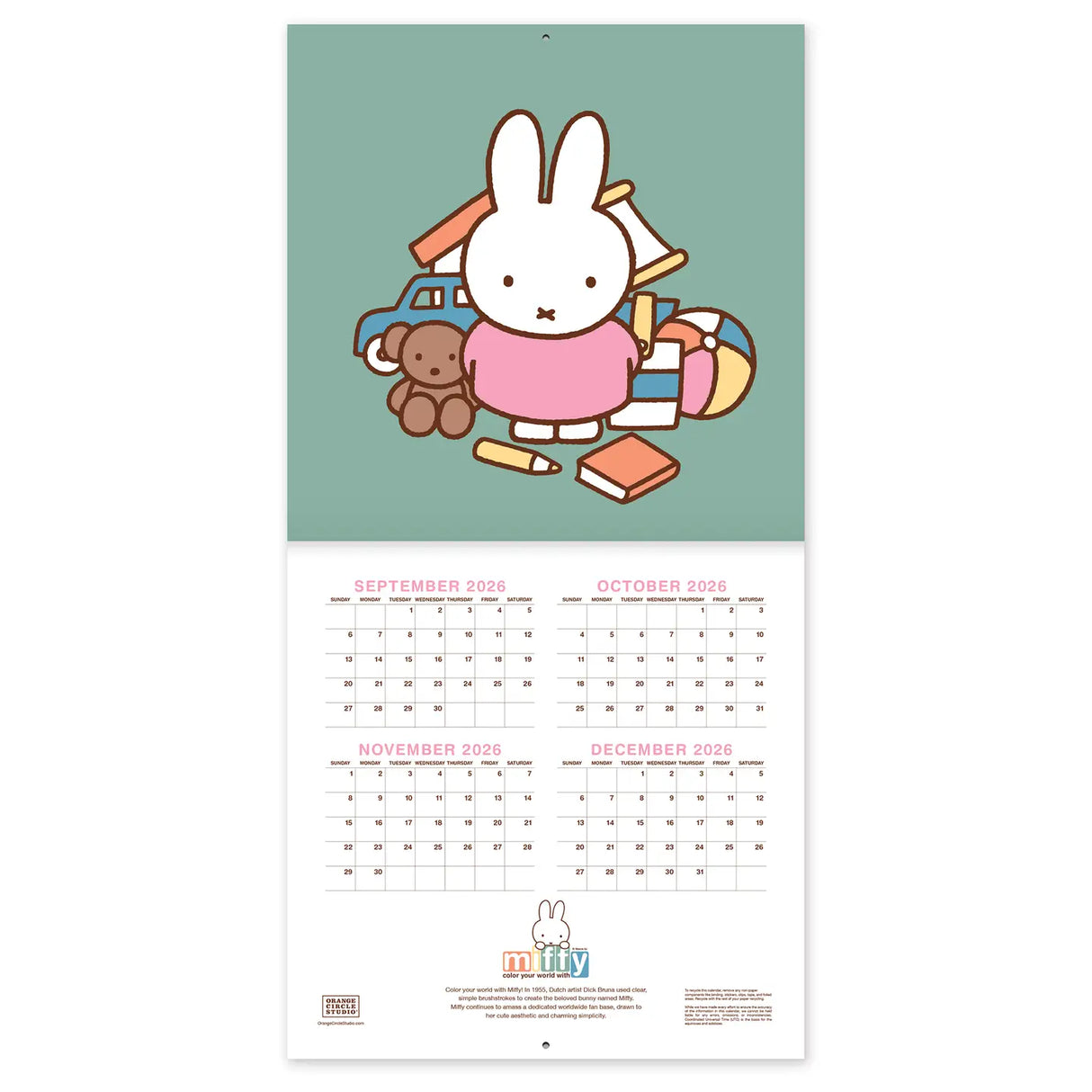 Miffy makes every season sweeter! This classic 12" × 12" Wall Calendar brings Miffy’s adventurous spirit to your home or workspace all year long. From breezy autumn bike rides to sunny springtime gardening, each month showcases Miffy and friends in soft pastel scenes that capture the magic of everyday moments—plus roomy calendar grids with plenty of room to jot down plans, reminders, and special occasions.
• 12"w x 12"h closed
• 12 months (Jan.–Dec. 2027)
• 13 pages; 150 gsm acid-free, FSC®-certified pap