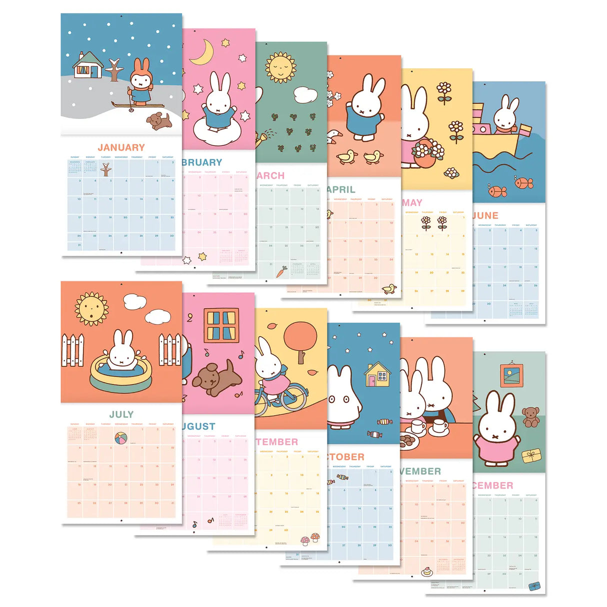 Miffy makes every season sweeter! This classic 12" × 12" Wall Calendar brings Miffy’s adventurous spirit to your home or workspace all year long. From breezy autumn bike rides to sunny springtime gardening, each month showcases Miffy and friends in soft pastel scenes that capture the magic of everyday moments—plus roomy calendar grids with plenty of room to jot down plans, reminders, and special occasions.
• 12"w x 12"h closed
• 12 months (Jan.–Dec. 2027)
• 13 pages; 150 gsm acid-free, FSC®-certified pap