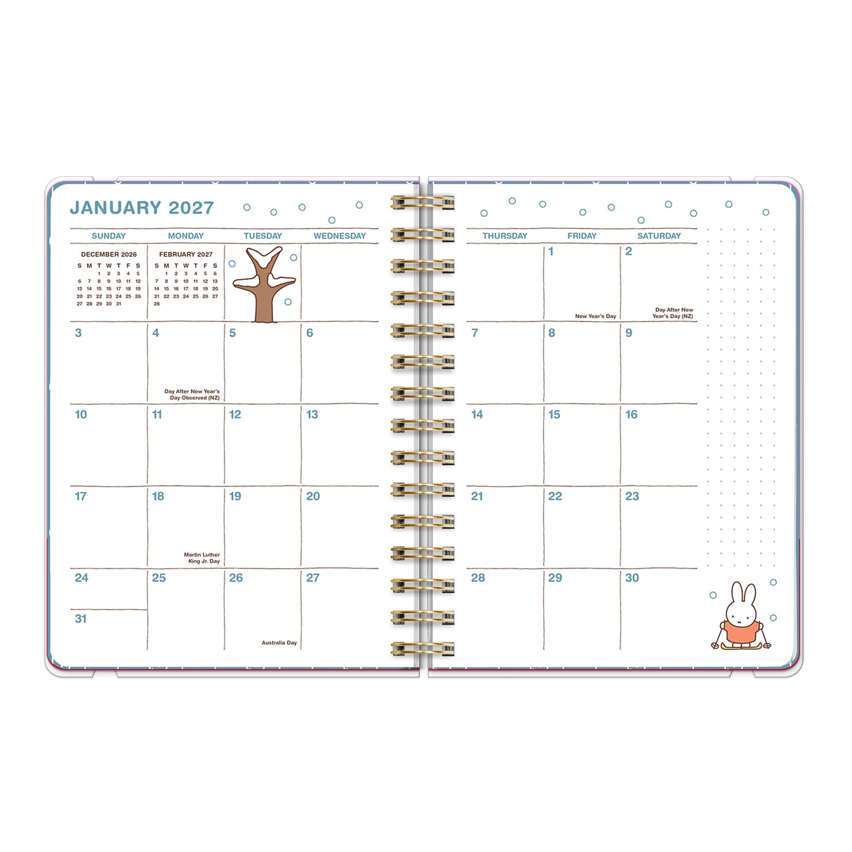 Whether you're jotting down big dreams or small reminders, Miffy is here to keep you inspired all year. This petite 17-month planner (Aug. 2026–Dec. 2027) offers convenient monthly and weekly planning pages with plenty of space to capture important dates and to-dos. Full-color artwork, extra notes pages, and a secure elastic closure make this a must-have all-in-one organizing tool!
• 5.7"w × 7.6"h
• 17 months (Aug. 2026–Dec. 2027)
• 128 pages; 100 gsm acid-free FSC®-certified paper
• Softcover; Twin-rin