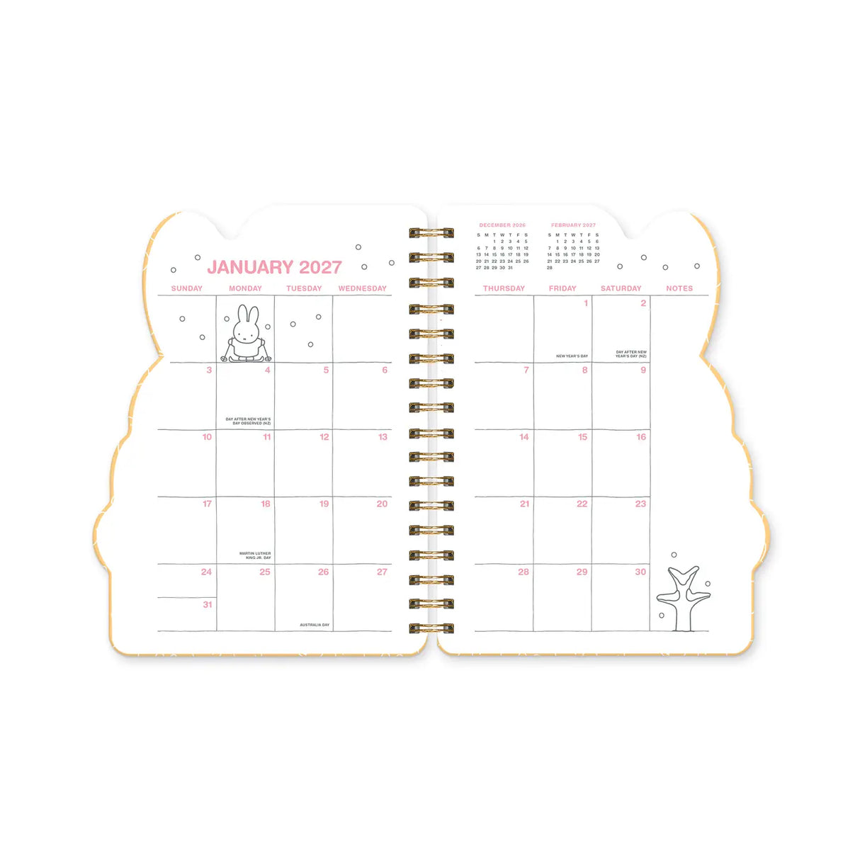 Every day's a little brighter with Miffy by your side! This 17-month planner (Aug. 2026–Dec. 2027) features weekly planning pages filled with adorable Miffy artwork, plus extra notes pages, a two-year reference calendar, and a holiday list—everything you need to stay organized and inspired all year.
• 7.5"w × 8.5"h
• 17 months (Aug. 2026–Dec. 2027)
• 160 pages; 100 gsm acid-free FSC®-certified paper
• Softcover; Twin-ring wire-o binding
© Mercis bv