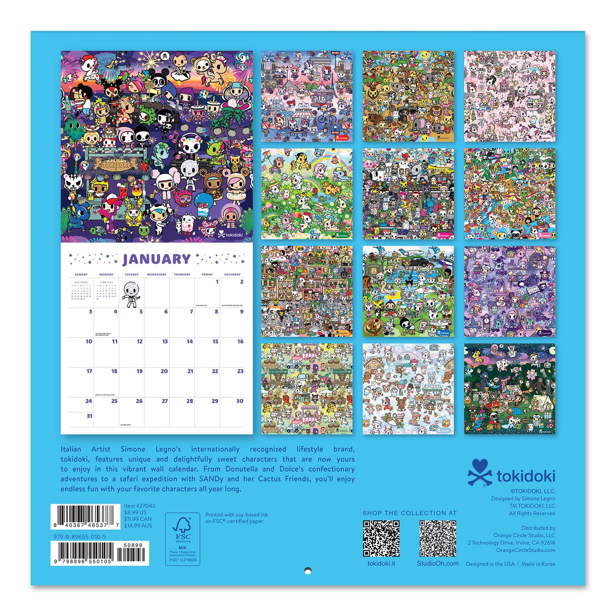 Adventure through the year with the iconic tokidoki™ crew! This 7" × 7" Wall Calendar (Jan.–Dec. 2027) is not too big or too small—it's just the right size to help keep your days on track while doubling as adorable wall art that brightens every space.
• 7"w x 7"h closed
• 12 months (Jan.–Dec. 2027)
• 13 pages; 150 gsm acid-free, FSC®-certified paper
• Saddle-stitch binding