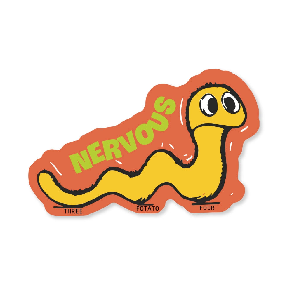 3P4 - Nervous Worm Vinyl Sticker
An original sticker made by Three Potato Four depicting a nervous worm. Perfect for decorating your journals, planners, water bottles, laptops or even as a gift!