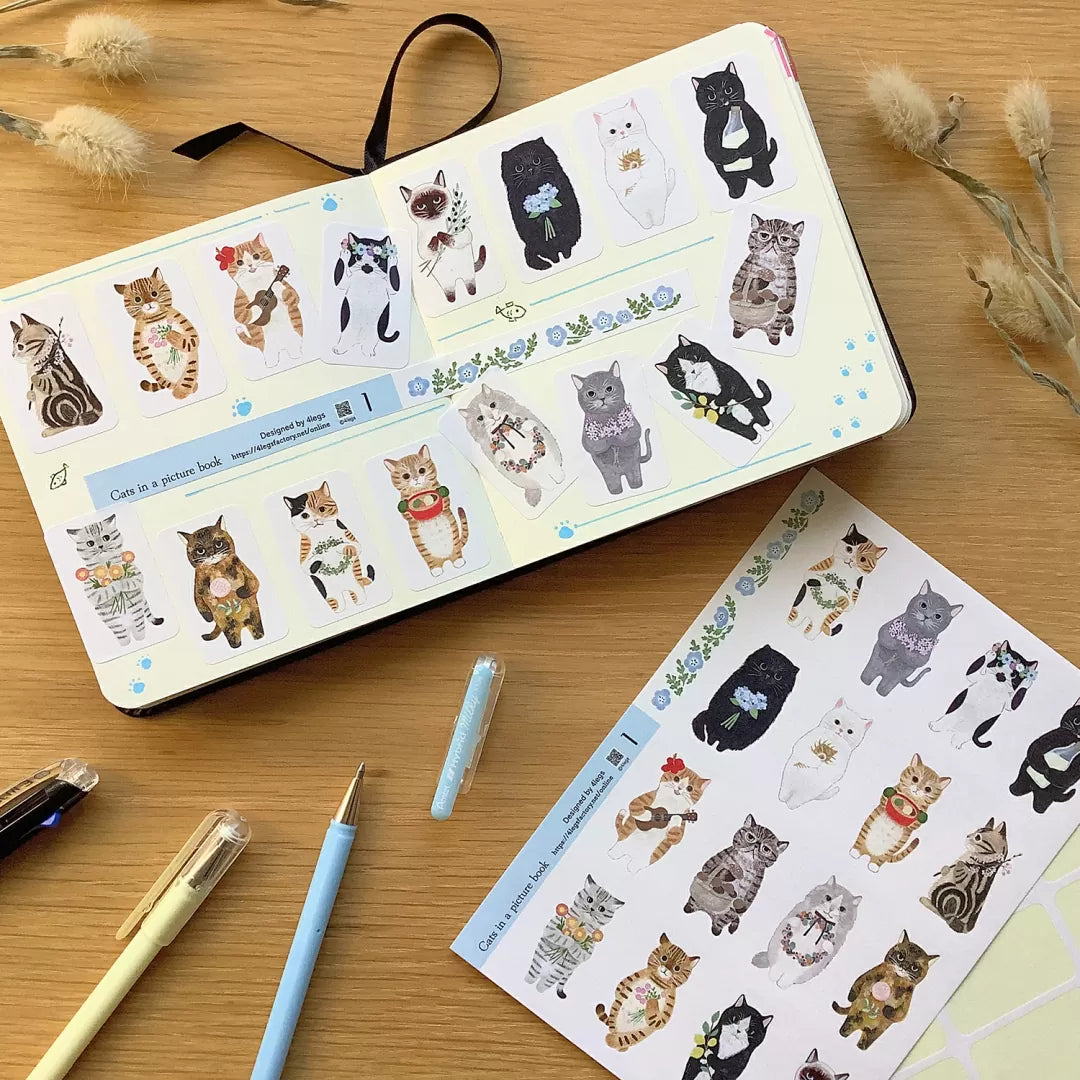 This is a sheet sticker from the series Cat in the Picture Book. This sticker sheet features 16 different cat illustrations. Each sticker feels like a tiny story—perfect for adding personality to journal spreads, scrapbooks, pen‑pal letters, and handmade cards.
Size: approx. 3.75in x 4.75in
Contents: 1 sheet