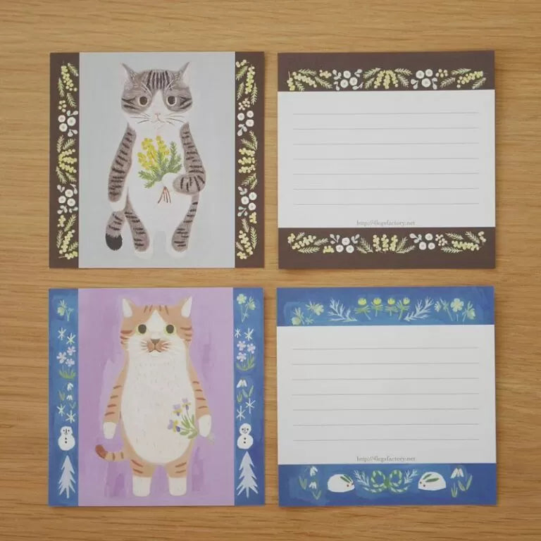Featuring charming watercolor of cats with flowers and plants from Japanese illustrator 4legs
It is a convenient size that is not too big or too small. Please use it as a communication tool for small thank you and announcements. There are no lines on the front side, so you can use it freely as a shop card or business card with stamps and stickers as well as memos and letters. It is a great gift for people who like paper. The gorgeous and gentle designs will