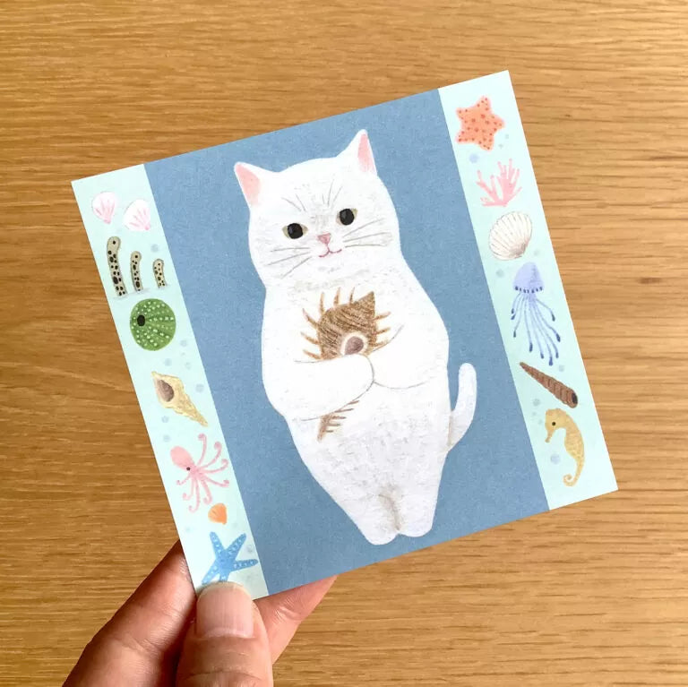 4legs Cat Memo - New #3 Shiro-Neko
Featuring charming watercolor of a cat holding a shell from Japanese illustrator 4legs
It is a convenient size that is not too big or too small. Please use it as a communication tool for small thank you and announcements. There are no lines on the front side, so you can use it freely as a shop card or business card with stamps and stickers as well as memos and letters. It is a great gift for people who like paper. The gorgeous
