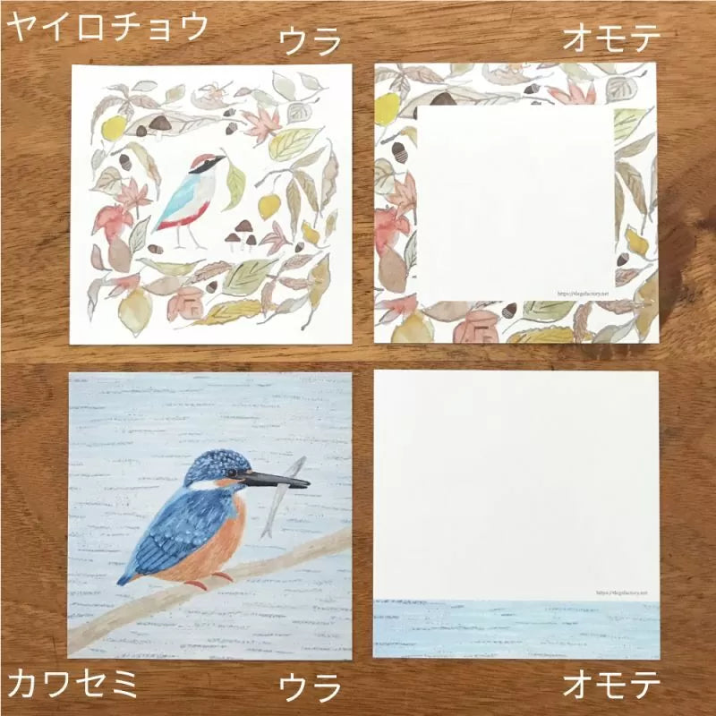 Featuring charming watercolor of wild birds and plants commonly found in Japan from Japanese illustrator 4legs
It is a convenient size that is not too big or too small. Please use it as a communication tool for small thank you and announcements. There are no lines on the front side, so you can use it freely as a shop card or business card with stamps and stickers as well as memos and letters. It is a great gift for people who like paper. The gorgeous and gentle