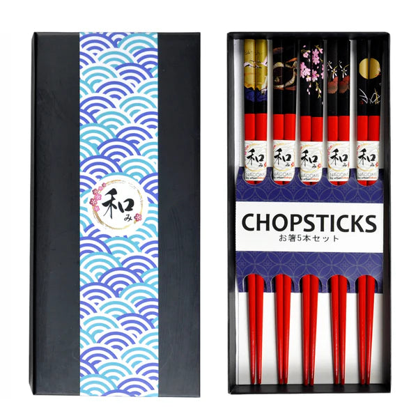 This set includes 5 sets of chopsticks inside a gift box.
Material: Bamboo
Size: 9"L
Origin: China