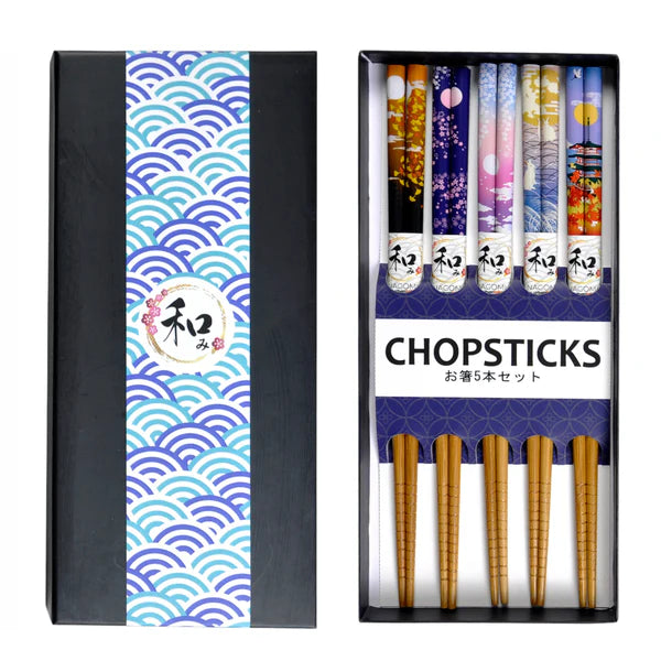 This set includes 5 sets of chopsticks with a red floral pattern inside a gift box.
Material: Bamboo
Size: 9"L
Origin: China