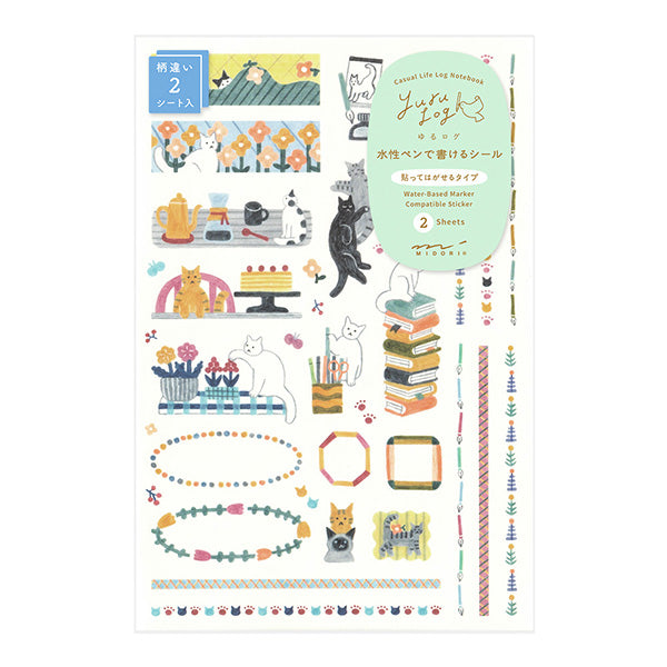 Midori Yuru Log Writable Sticker Sheets - Cat