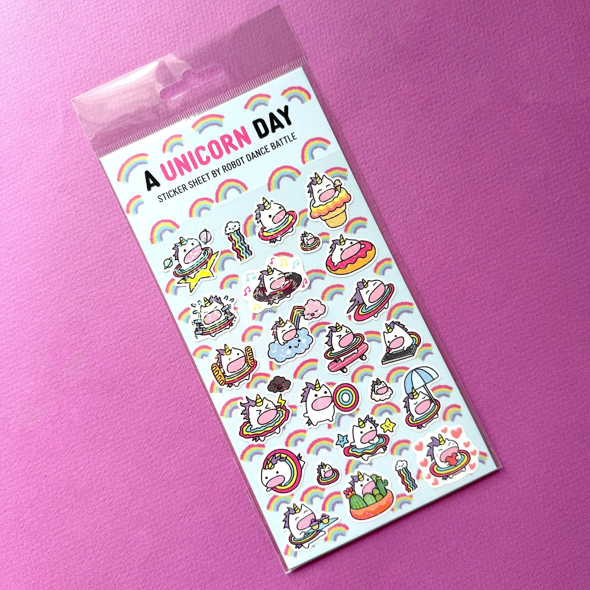 This is part of a new series of sticker sheets that feature different "days".
There are 24 individual stickers on the sheet full of dessert cuteness.
They are vinyl stickers on a clear plastic sheet with a backing card and packaging that's ready to display.
The whole packaging is 3.8 x 8.75" and is ready to hang. The sticker sheet is 3.75 x 5.8"