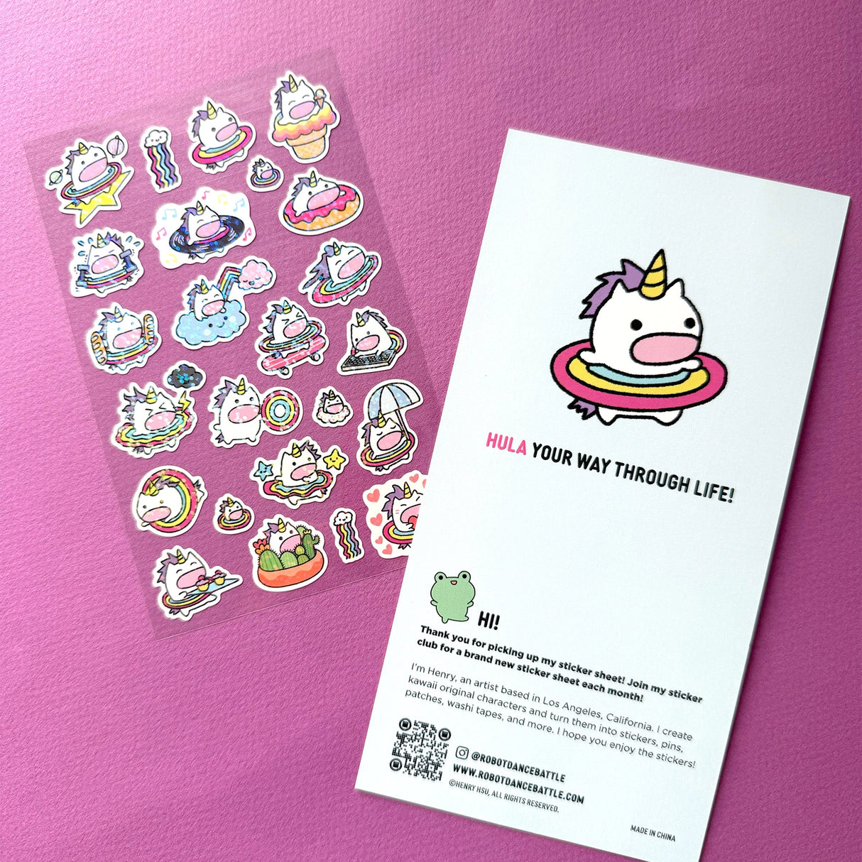 This is part of a new series of sticker sheets that feature different "days".
There are 24 individual stickers on the sheet full of dessert cuteness.
They are vinyl stickers on a clear plastic sheet with a backing card and packaging that's ready to display.
The whole packaging is 3.8 x 8.75" and is ready to hang. The sticker sheet is 3.75 x 5.8"