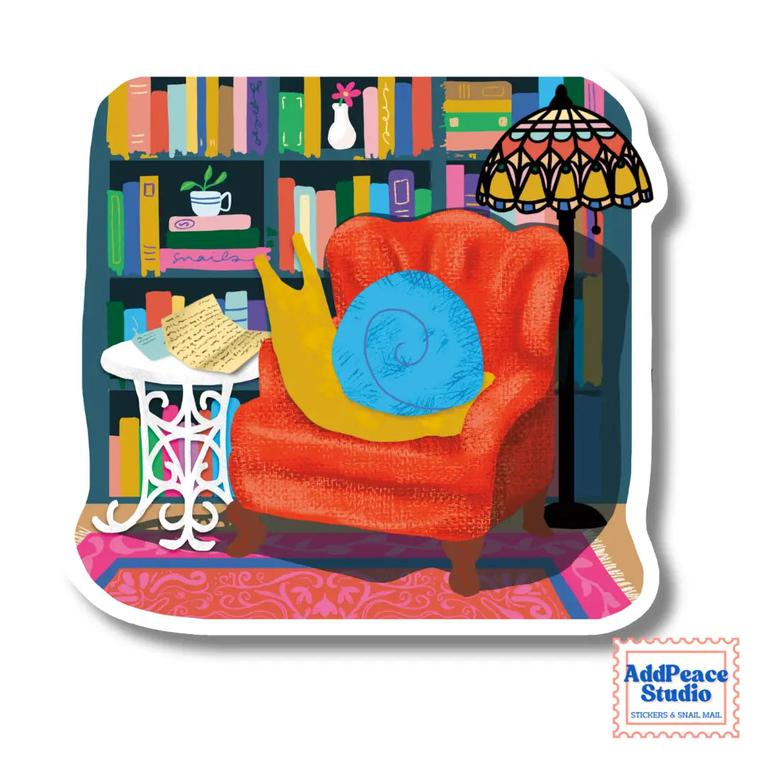 AddPeace Studio - Reading Snail Vinyl Sticker
This illustrated sticker features a snail settled into a wingback chair, surrounded by shelves of books and warm lamplight, completely lost in a letter. It captures that quiet, immersive feeling of disappearing into the analog world and not wanting to come back.
Details:
Size: 2.5"
Material: Waterproof, scratch-resistant matte vinyl
Made in USA, original artwork by AddPeace Studio