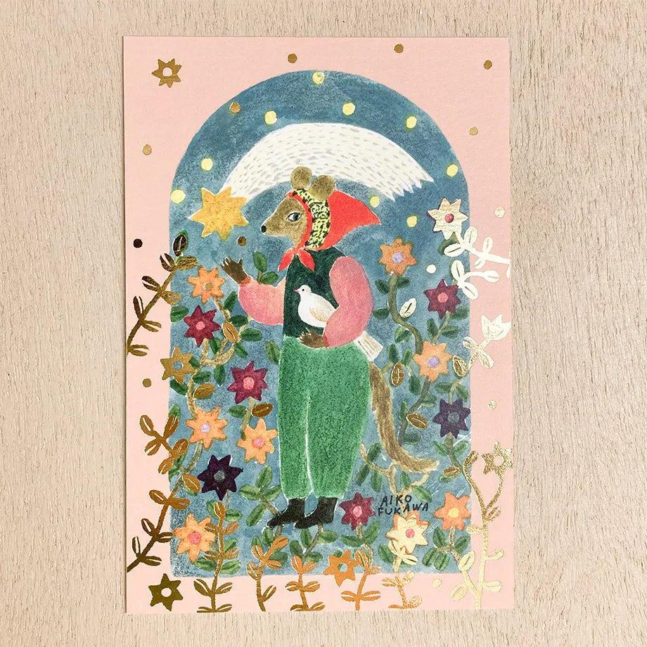 The gold foil stamping on the entire postcard shines brightly.
Full color printing is also applied to the back side.
It is also recommended to accompany gifts to loved ones or display them as an interior decoration in your room.
4 in x 6 in
Includes 1 post card