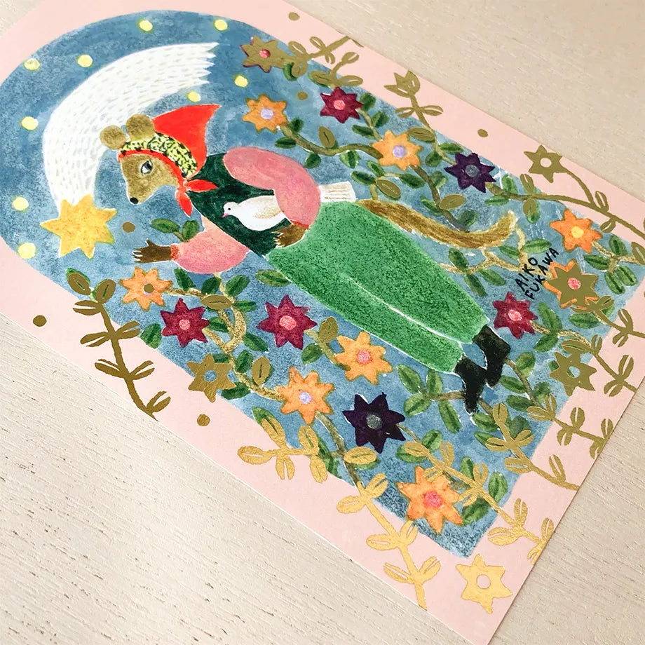 The gold foil stamping on the entire postcard shines brightly.
Full color printing is also applied to the back side.
It is also recommended to accompany gifts to loved ones or display them as an interior decoration in your room.
4 in x 6 in
Includes 1 post card