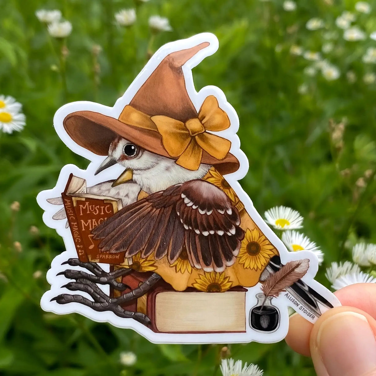 This tree sparrow is reading about the magic of music!
This 3" die-cut gloss vinyl sticker is durable, weatherproof, and perfect for water bottles, notebooks, laptops, bikes, and all sorts of other surfaces! Make sure to clean and dry the surface thoroughly before applying.