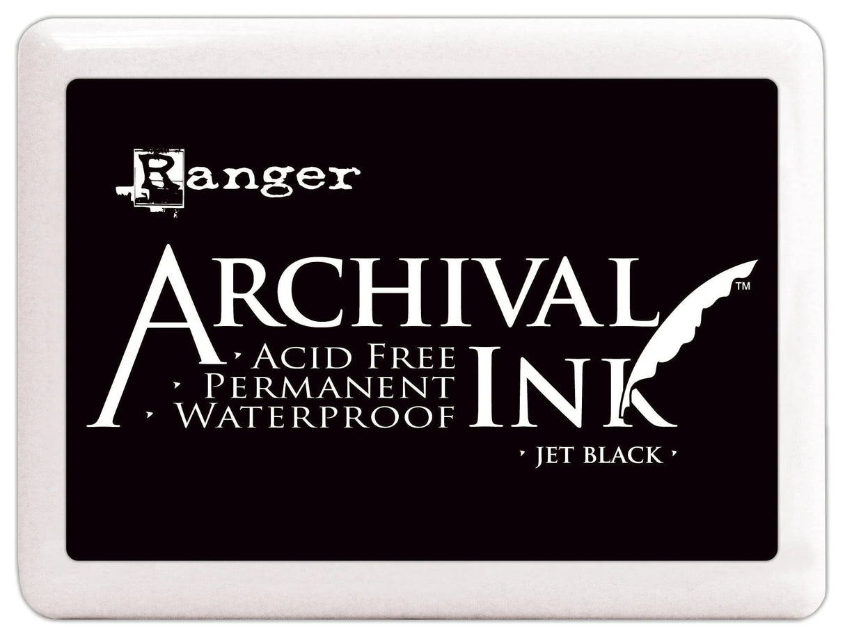 Ranger Archival Ink Jumbo InkPad - Jet Black
The ink pads provide lasting results. They will not deteriorate paper or precious photographs, they will not bleed when painted or brayered over with watercolors, water-based inks, markers or pearl pigments.
These inks are fade resistant, water resistant, acid free, non-toxic and permanent for paper-heat set for permanence on non-porous surfaces. These pads feature removable hinged lid, raised stamping surface, and measure 4.75 x 6.75 inches.
This