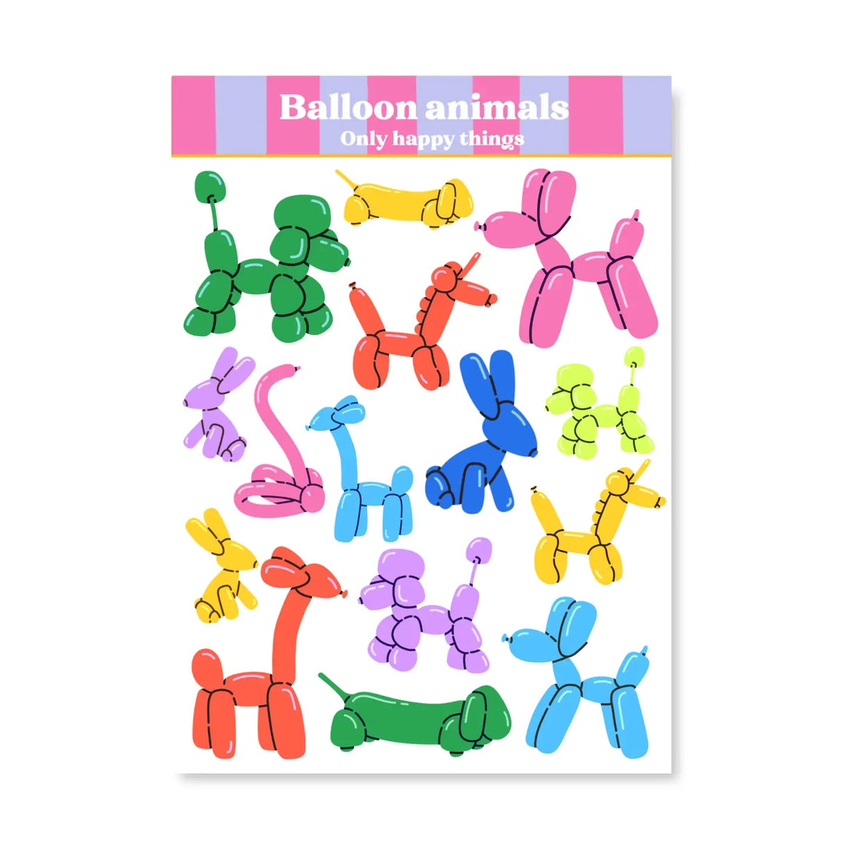 Only Happy Things Stationery - Balloon Animals A6 Sticker Sheet
A6 (105 x 148mm)
Printed on matt coated paper