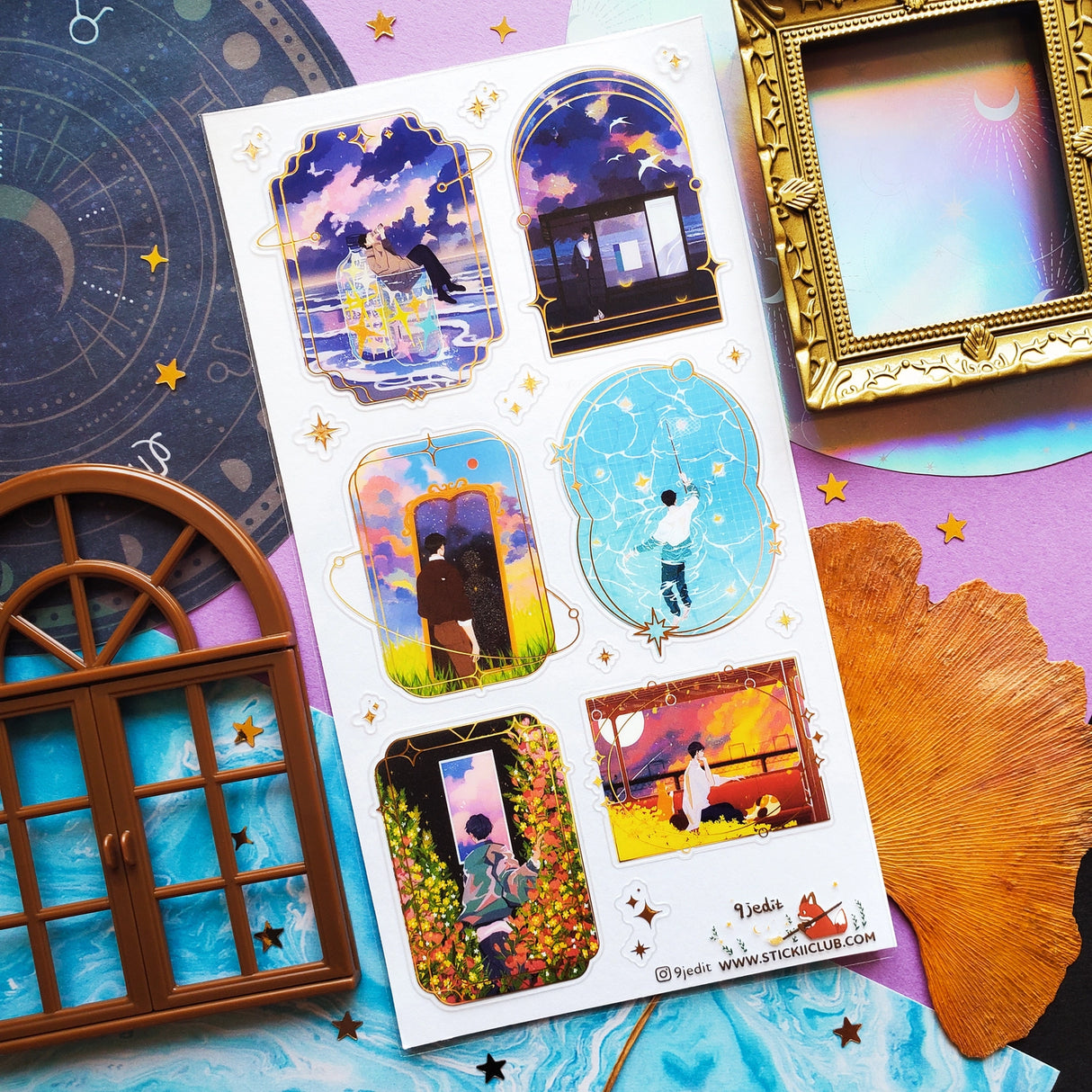 šā Wanna get even further away? @9jeditās got you covered with this stellar celestial set. Sometimes we can only escape in our daydreams and why would we want that to be ordinary? Think cozy reads under crescent moons, ferris wheel rides through cotton candy skies, and portals to worlds that arenāt planet earth. Take us away!
Art by: @9jedit
Top Coating: Gold foil
Adhesive Layer: PVC (plastic)
Backing Layer: Clear PET
6.69" x 3.54". Weight - 0.03lbs.
1 sheet included