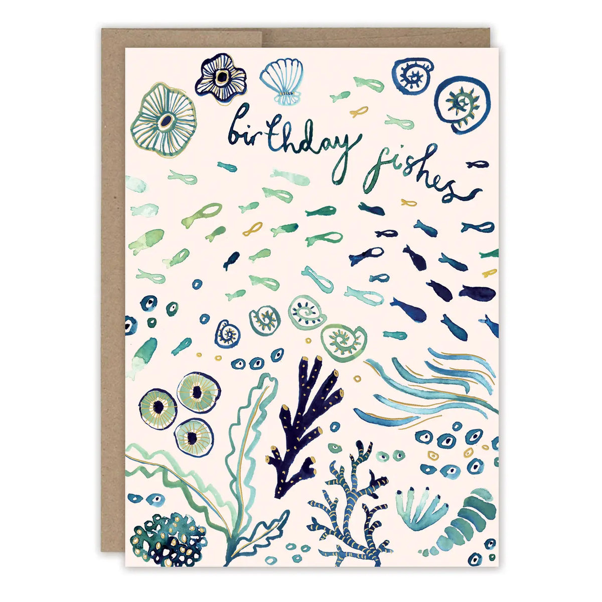 Birthday Fishes Birthday Card
Inside verse: Oceans of love on your special day
• Gold foil details
• Illustrated by Louise Mulgrew
• Size: A6, 4.5" x 6.25"
• Paired with Brown Kraft envelope
• Printed in the USA on high-quality, recycled paper
About The Artist: Working with gouache and watercolor, Louise designs in her tiny studio in Brighton, England, inspired by her love of all animals, and passion for the natural world. Louise was named 2023 Artist of the Year by the USA Greeting Card Association.