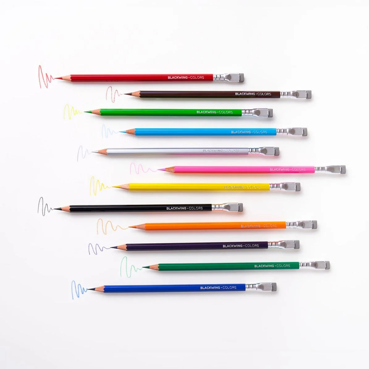Blackwing Colors were designed specifically for coloring. Each pencil is made with Genuine Incense-cedar and includes a unique soft and smooth Japanese wax color core. Each pencil features the same semi-hexagonal barrel and iconic ferrule found in our graphite pencils. The design also features a special sand eraser with a semi-abrasive texture made specifically to erase colored pencils.
Each set includes 12 colors: Pink, Red, Yellow, Orange, Light Green, Green, Light Blue, Blue, Violet, Brown, Black, and S
