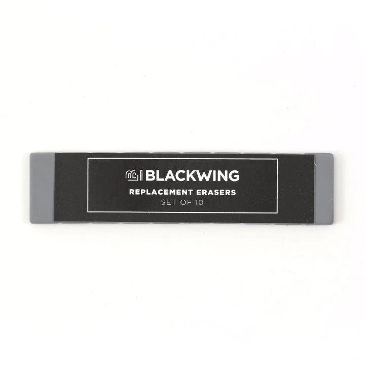 Blackwings have always been known for their iconic, replaceable, square erasers. To replace your eraser, slide the eraser and clip out of the ferrule, remove the clip from the old eraser, place the new eraser into the clip, and insert the new eraser and clip into the ferrule.
Replacement erasers come in sets of 10 and are available in black, white, pink, green, blue, navy blue, orange, yellow, red and grey.