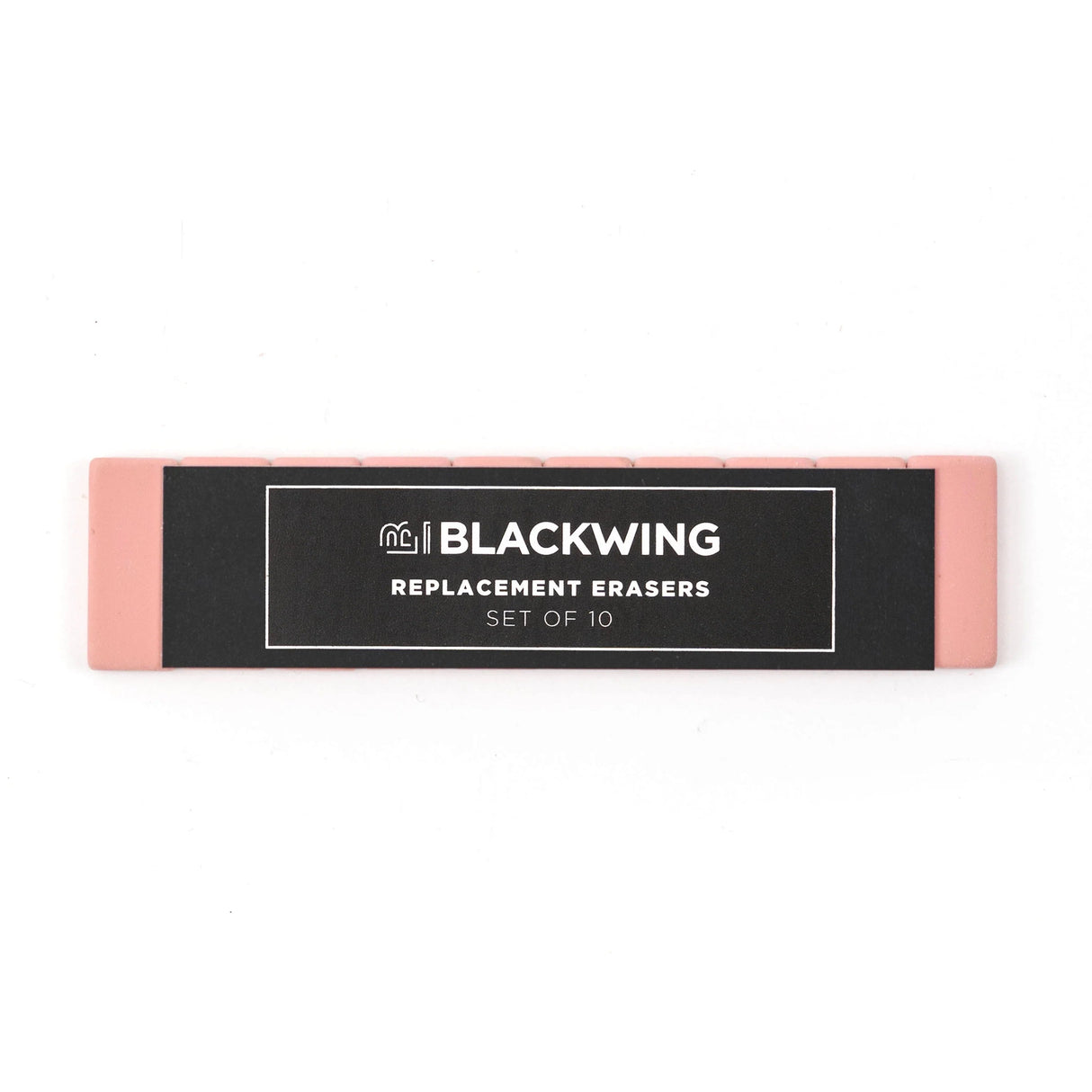Blackwings have always been known for their iconic, replaceable, square erasers. To replace your eraser, slide the eraser and clip out of the ferrule, remove the clip from the old eraser, place the new eraser into the clip, and insert the new eraser and clip into the ferrule.
Replacement erasers come in sets of 10 and are available in black, white, pink, green, blue, navy blue, orange, yellow, red and grey.