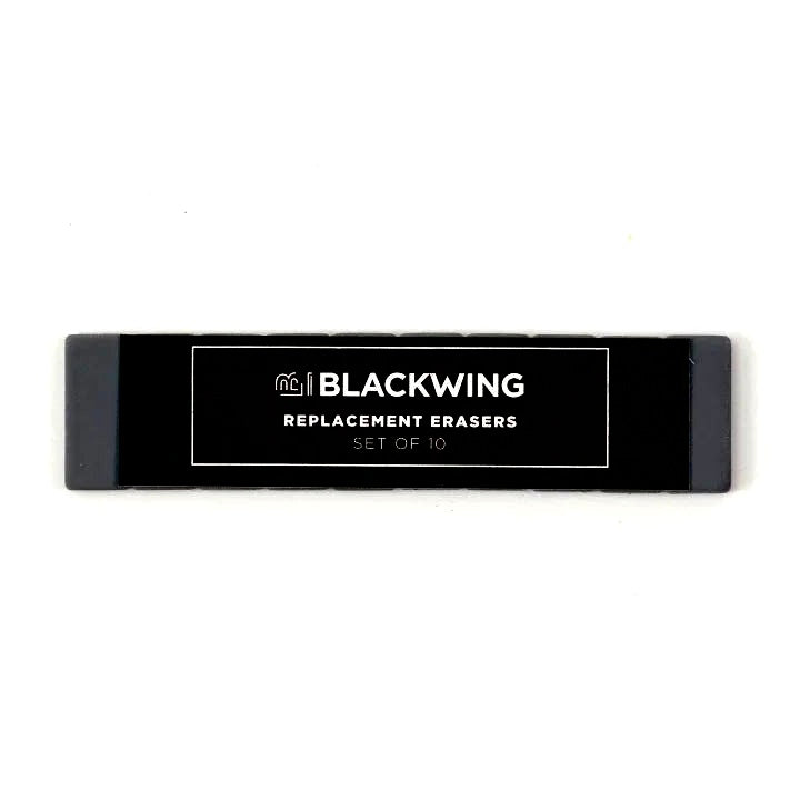 Blackwings have always been known for their iconic, replaceable, square erasers. To replace your eraser, slide the eraser and clip out of the ferrule, remove the clip from the old eraser, place the new eraser into the clip, and insert the new eraser and clip into the ferrule.
Replacement erasers come in sets of 10 and are available in black, white, pink, green, blue, navy blue, orange, yellow, red and grey.