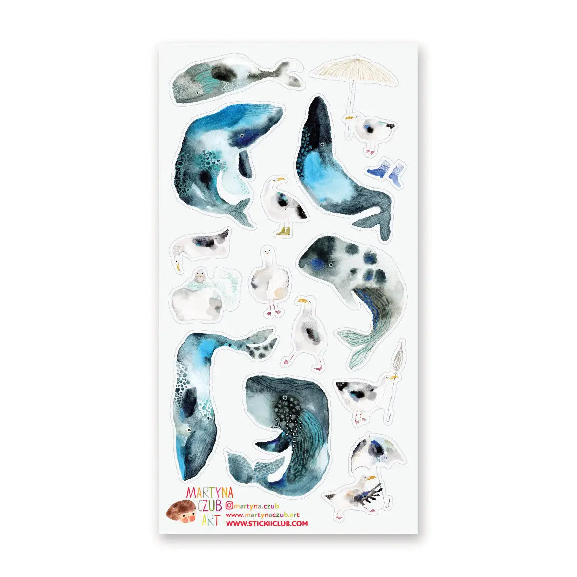 🐋☂️ Breezy and full of seaside charm, @martyna.czub’s watercolor whales and gulls make quite the charming coastal crew. With curious expressions, tiny umbrellas, rain boots, and a few delightfully dramatic whale poses, this playful sheet perfectly captures the magic of a windswept day by the sea.
Art by: @martyna.czub