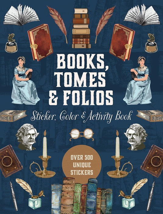 Celebrate the literary life with 500+ stickers and 50+ activity pages, puzzles, and trivia.
Whether you consider yourself a bibliophile or are interested in novels and literature, Books, Tomes & Folios Sticker, Color & Activity Book is for you! Inside, you will find:
Beautifully illustrated stickers: Use them to decorate envelopes, gift wrap, letters, scrapbooks, journals, or cell phone and tablet cases. On the backs of the sticker pages are various literary quotes.
Bookish coloring pages, featuring line