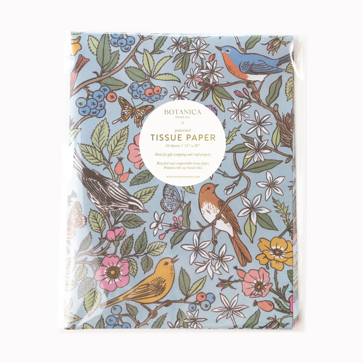 Botanica Paper Co. Tissue Paper - Songbirds
Luxurious patterned tissue paper for an exquisite wrapping experience and delightful craft projects.
Pack of 10 sheets
Size: 15" x 20"
Folded and packaged in a clear protective sleeve
Printed with soy-based inks
Recycled and compostable paper