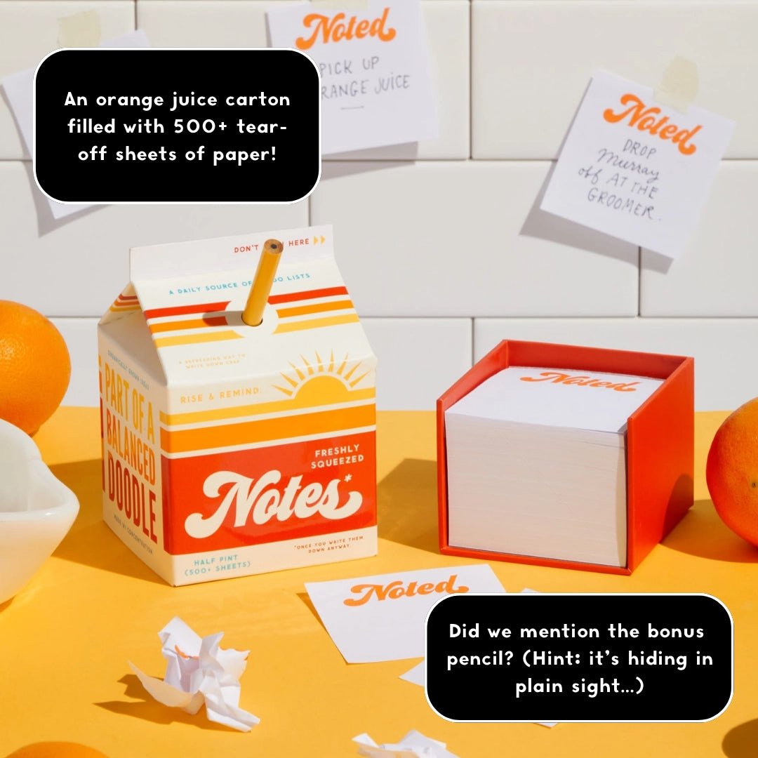 Sure it looks like an orange juice carton, but lift off the top, and you’ll find a block of 500+ tear-off sheets of paper – making this note set by Brass Monkey perfect for reminders, doodles, or that to-do list that’s bordering on expired.