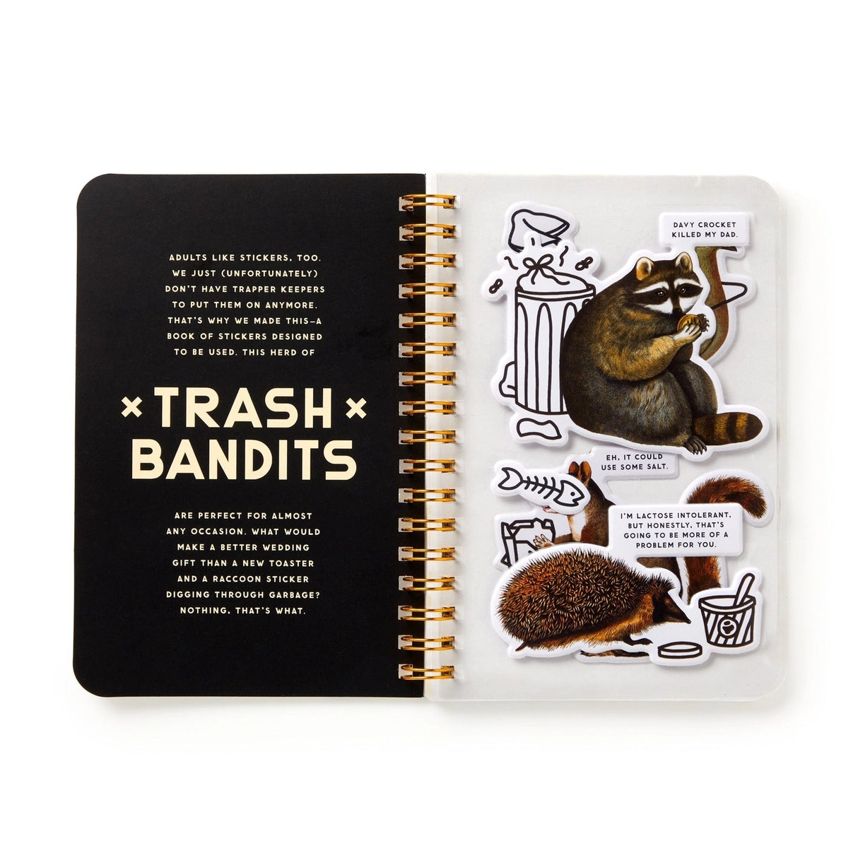 Dumpster chic meets unapologetic attitude in the Trash Bandits Sticker Book—a gloriously messy collection of oversized stickers featuring raccoons, possums, pigeons, and other urban icons with googly eyes and snarky commentary. Whether you're decorating your planner or marking your territory, these critters are here to add some trashy charm to your everyday life.
Inside, you’ll find 18 pages of trash animal stickers + 2 bonus pages of vintage-inspired puffy stickers, all packed with clever quips and chaoti