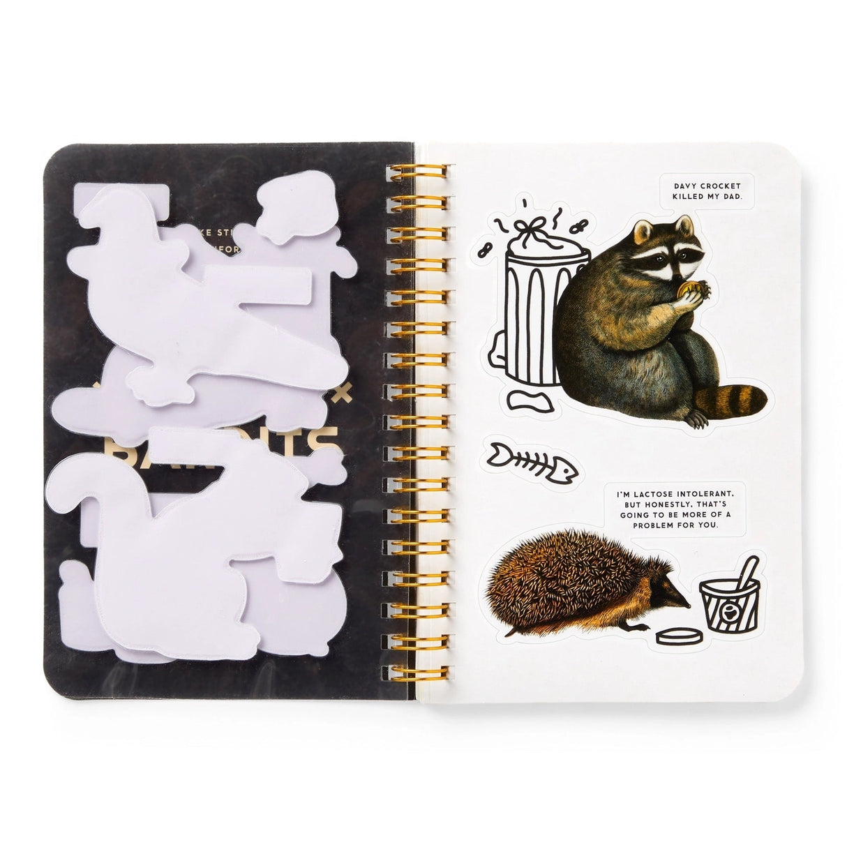 Dumpster chic meets unapologetic attitude in the Trash Bandits Sticker Book—a gloriously messy collection of oversized stickers featuring raccoons, possums, pigeons, and other urban icons with googly eyes and snarky commentary. Whether you're decorating your planner or marking your territory, these critters are here to add some trashy charm to your everyday life.
Inside, you’ll find 18 pages of trash animal stickers + 2 bonus pages of vintage-inspired puffy stickers, all packed with clever quips and chaoti