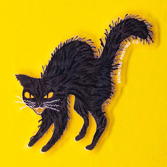 Hisss! Watch out for this Halloween black cat, all puffed up and showing its teeth! This 3" clear matte sticker is purrfect for adorning water bottles, laptops, and more.