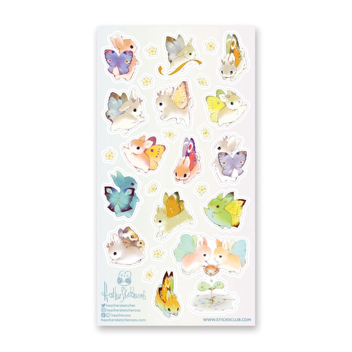 These colorful winged cuties are coming to steal your heart!
🐰🦋 Art by: @heathersketcheroos
One sticker sheet is included.