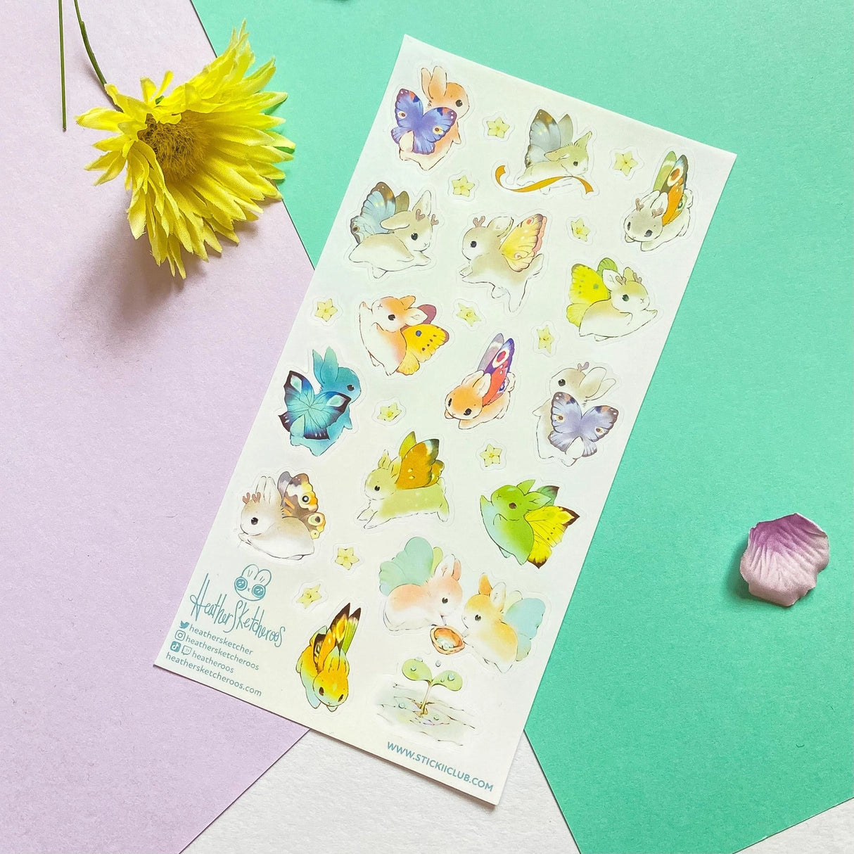 These colorful winged cuties are coming to steal your heart!
🐰🦋 Art by: @heathersketcheroos
One sticker sheet is included.