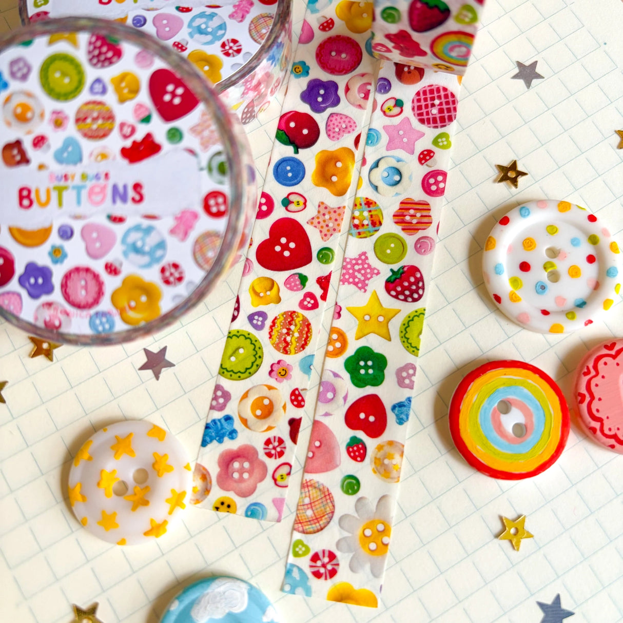 Add some color to your journal and crafts with this cute button themed washi tape designed by Veronica! This washi tape includes buttons hand-painted by Veronica and from her personal collection!
Perfect for crafts, journaling, snail mail, and more.
Size: 15mm x 10m