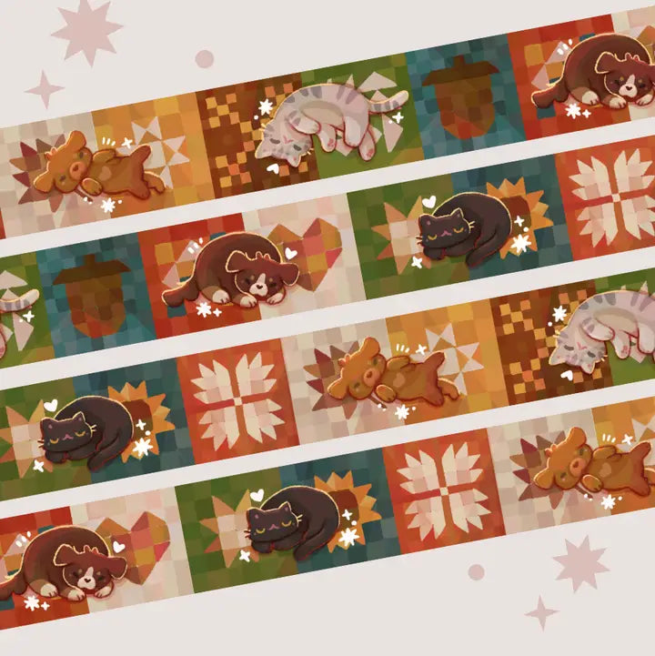 A washi tape inspired by naps on some cozy quilts! Each roll of washi tape is 15mm (approximately 0.59 inches) wide and 10 meters (approximately 10.9 yards) long.
Washi tapes have a small labeling sticker with branding and design, but without extra packaging.