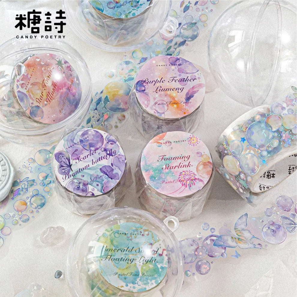 Pop these adorable new bubble themed PET Tapes into your life! These bubble themed tapes include different elements to make the bubbles even cuter such as fish, butterflies, and stars!
Material: PET
Size: 30mm*2000mm (1.18*78.74 inch)
Theme: Bubbles
Includes 1 roll of PET tape