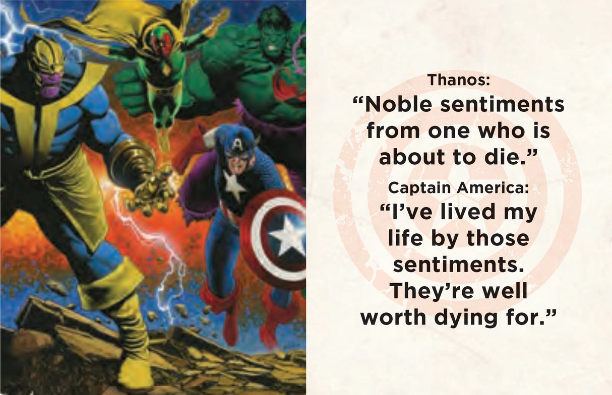 Captain America has been a pillar of truth, justice, and freedom since he made his very first comic appearance in 1941. Leading by example and always fighting for what is right, it’s no wonder how this Manhattan-born super solider became the inspirational legend he is today. Now, fans can carry the best pearls of wisdom from the first avenger with them in this comprehensive, pocket-sized collection!
Take Captain America’s wisdom with you wherever you go: With its 1.34” x 1.73” size, this tiny book fits in