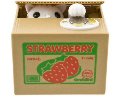 Cat hiding in strawberry box coin bank.
Size: 4.75"L x 4"W x 3.75"H
Material: Plastic